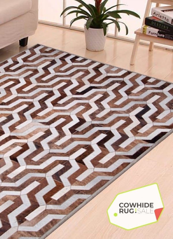 Moden Geometric Cowhide Rug Soft Leather In Natural Colors